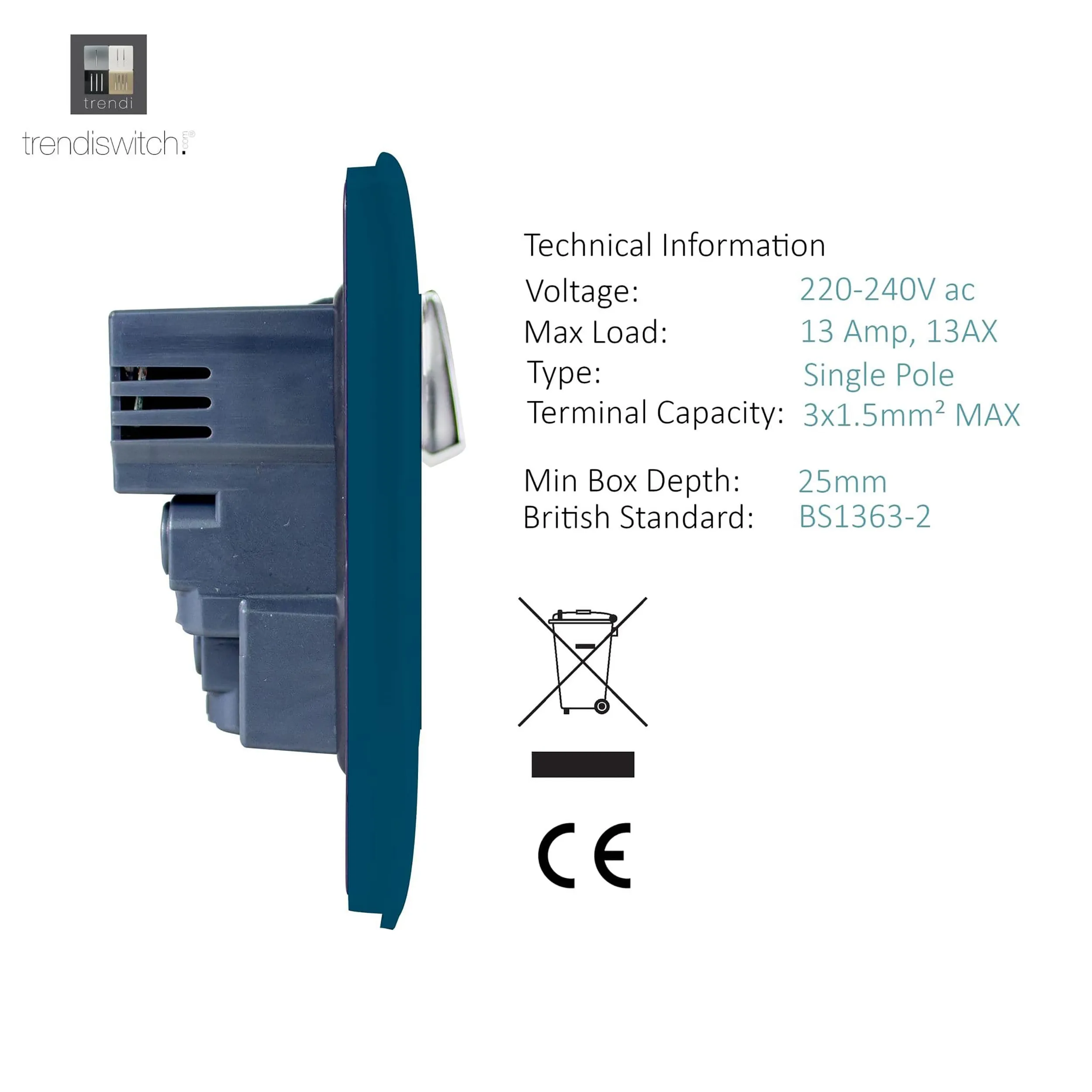 1 Gang 13Amp Switched Single Socket With 2 x USB Ocean Blue ART-SKT13USBOB  Trendi Ocean Blue